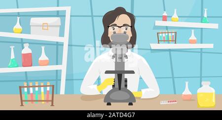 Biologist chemist in a white coat with a microscope in the laboratory. Research and invention of vaccines. Viral disease. Epidemic. Stock Vector
