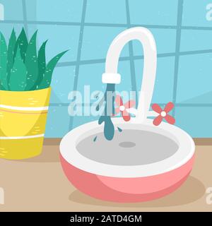 Water runs from the tap to the bathroom sink. Flat vector illustration. Stock Vector