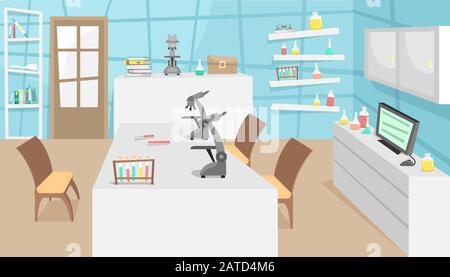 Chemical and biological laboratory with test tubes, flasks and microscopes. Research and invention of vaccines. Viral disease. Epidemic. Stock Vector