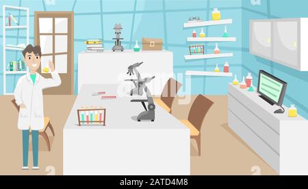 Chemical and biological laboratory with test tubes, flasks and microscopes. Research and invention of vaccines. Viral disease. Epidemic. Stock Vector