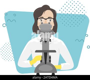 Biologist chemist in a white coat with a microscope in the laboratory. Research and invention of vaccines. Viral disease. Epidemic. Stock Vector