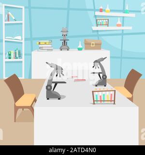 Chemical and biological laboratory with test tubes, flasks and microscopes. Research and invention of vaccines. Viral disease. Epidemic. Stock Vector