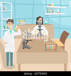 Chemical and biological laboratory with test tubes, flasks and microscopes. Research and invention of vaccines. Viral disease. Epidemic. Stock Vector