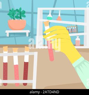 The hand of a chemist or biologist in a rubber glove holds a test tube. Viral disease. Epidemic. Stock Vector