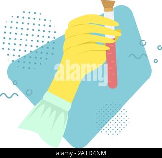 The hand of a chemist or biologist in a rubber glove holds a test tube. Viral disease. Epidemic. Stock Vector