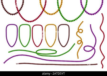 Mardi Gras beads isolated on white background. Mardi Gras beads in traditional colors. Decorative glossy realistic elements. Stock vector illustration Stock Vector