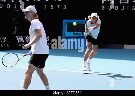 Melbourne, Australia. 2nd Feb, 2020. Max Purcell (R)/Luke Saville of Australia compete during the Men's Doubles final against Joe Salisbury of Britain/Rajeev Ram of the United States at 2020 Australian Open in Melbourne, Australia on Feb. 2, 2020. Credit: Zhu Hongye/Xinhua/Alamy Live News Stock Photo