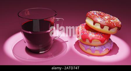 coffee and doughnuts 3D rendering which is loved by Americans is made on a pink background Stock Photo