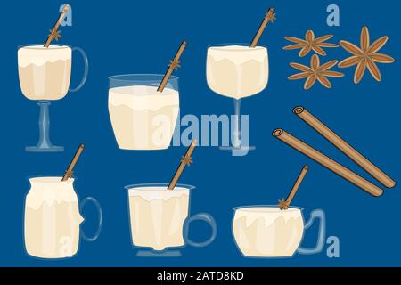 Collection of drinks egg nog. Set of Eggnog cup isolated on a blue background. Traditional Christmas winter drinks, beverages, cocktails. Stock vector Stock Vector