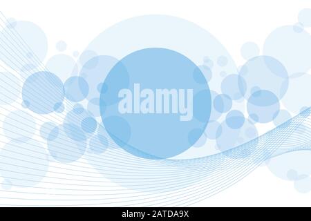 Crossing circles and waved parallel lines abstract background. Random sky blue transparent bubbles and linear curves placed on white with room for you Stock Vector