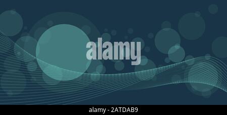 Crossing transparent circles and twisted intertwined curved lines on dark background. Random bubbles and waves placed on deep blue color banner with r Stock Vector