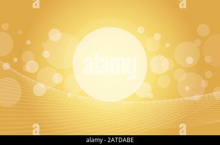 Crossing transparent circles and twisted intertwined curved lines on golden gradient background. Random bubbles and waves placed on gold color banner Stock Vector