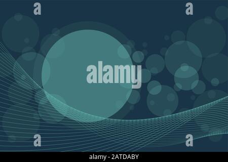 Crossing transparent circles and twisted intertwined curved lines on dark background. Random bubbles and waves placed on deep blue color banner with r Stock Vector