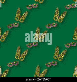 Mardi Gras seamless pattern with carnival masks on a green background. Vector image Stock Vector