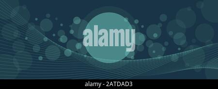 Crossing transparent circles and twisted intertwined curved lines on dark background. Random bubbles and waves placed on deep blue color banner with r Stock Vector