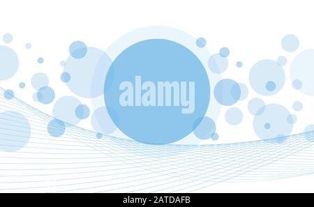 Crossing circles and waved parallel lines abstract background. Random sky blue transparent bubbles and linear curves placed on white with room for you Stock Vector