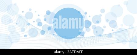 Crossing circles and waved parallel lines abstract background. Random sky blue transparent bubbles and linear curves placed on white with room for you Stock Vector