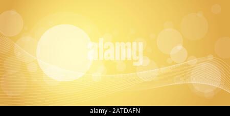 Crossing transparent circles and twisted intertwined curved lines on golden gradient background. Random bubbles and waves placed on gold color banner Stock Vector