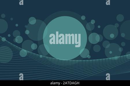 Crossing transparent circles and twisted intertwined curved lines on dark background. Random bubbles and waves placed on deep blue color banner with r Stock Vector