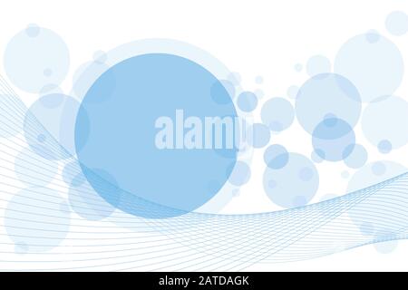 Crossing circles and waved parallel lines abstract background. Random sky blue transparent bubbles and linear curves placed on white with room for you Stock Vector