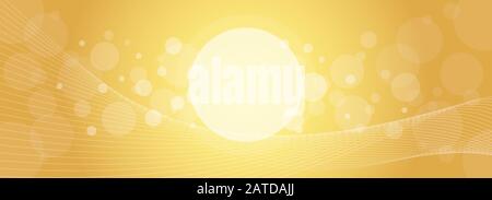 Crossing transparent circles and twisted intertwined curved lines on golden gradient background. Random bubbles and waves placed on gold color banner Stock Vector
