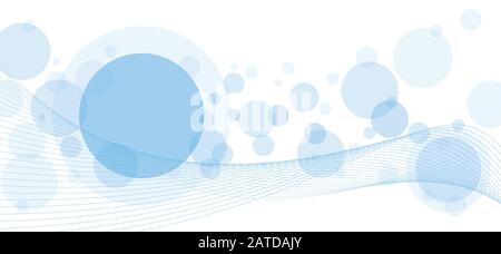 Crossing circles and waved parallel lines abstract background. Random sky blue transparent bubbles and linear curves placed on white with room for you Stock Vector
