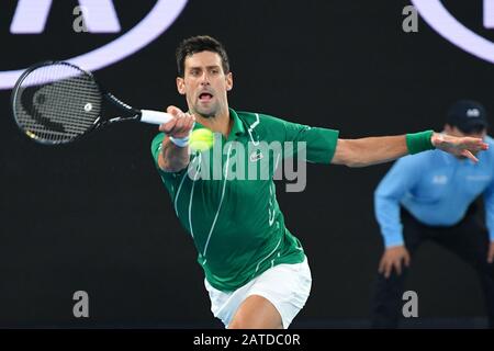 Melbourne, Australia. 2nd Jan, 2020. 2nd seed NOVAK DJOKOVIC (SRB) in action against 5th seed DOMINIC THIEM (AUT) on Rod Laver Arena in the Men's Singles Final match on day 14 of the Australian Open 2020 in Melbourne, Australia. Sydney Low/Cal Sport Media/Alamy Live News Stock Photo