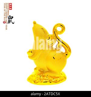 Tradition Chinese golden rat statue rat,2020 is year of the rat,Chinese characters translation: 'rat'.rightside chinese wording & seal mean:Chinese ca Stock Photo