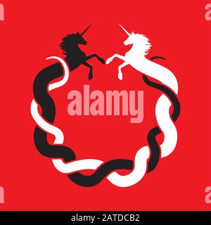 Intertwined unicorn facing each other - circle symbol Stock Vector