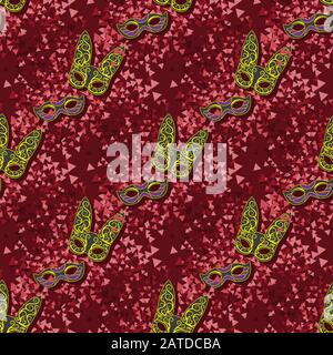 Mardi Gras seamless background with carnival masks on a maroon background with triangles. Vector image Stock Vector