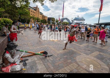 Sydney, NSW, Australia January 5, 2019: Aboriginal performers showcase  traditional dances for large groups of local and international tourists. Stock Photo