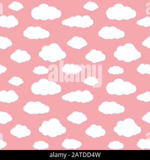 Clouds seamless pattern. Vivid pink background with white sky cloudlets. Simple vector repeating texture in eps8 format. Stock Vector