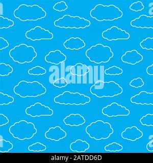 Clouds seamless pattern. Vivid blue continuous background with white thin line sky cloudlets. Simple vector repeating texture in eps8 format. Stock Vector