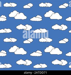 Seamless pattern with sky clouds. Vivid blue background with white cloudlets. Simple vector repeating texture in eps8 format. Stock Vector
