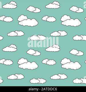 Seamless pattern with sky clouds. Vivid greenish background with white cloudlets. Simple vector repeating texture in eps8 format. Stock Vector