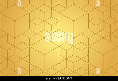 Cubes, hexagons, rhombs and nodes seamless pattern in golden tones. Geometric abstract repeating texture with intersecting hexagonal shapes. Gold colo Stock Vector
