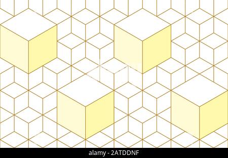 Golden lines, hexagons, rhombs and nodes seamless pattern. Geometric abstract repeating texture with intersecting hexagonal shapes. Gold colored backg Stock Vector
