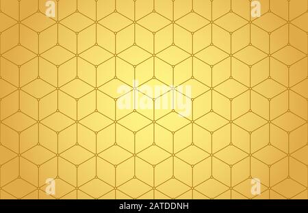 Hexagons, rhombs and nodes seamless pattern in golden tones. Geometric abstract repeating texture with intersecting hexagonal shapes. Gold colored bac Stock Vector