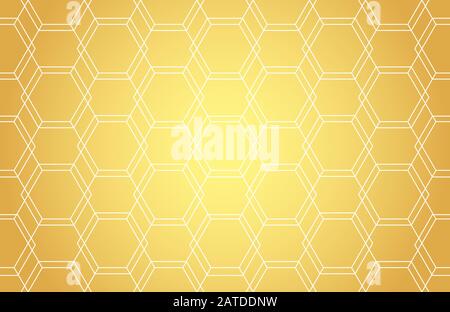 Golden lines, hexagons, rhombs and nodes seamless pattern. Geometric abstract repeating texture with intersecting hexagonal shapes. Gold colored backg Stock Vector