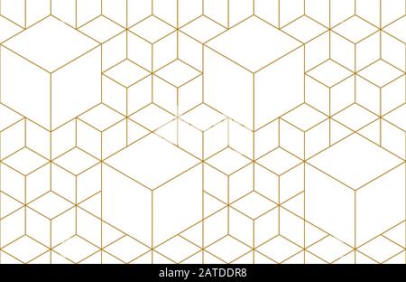 Golden lines, hexagons, rhombs and nodes seamless pattern. Geometric abstract repeating texture with intersecting hexagonal shapes. Gold colored backg Stock Vector
