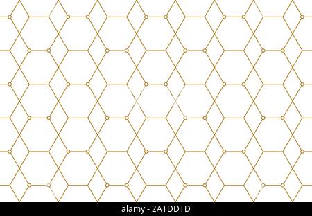 Golden lines, hexagons, rhombs and nodes seamless pattern. Geometric abstract repeating texture with intersecting hexagonal shapes. Gold colored backg Stock Vector