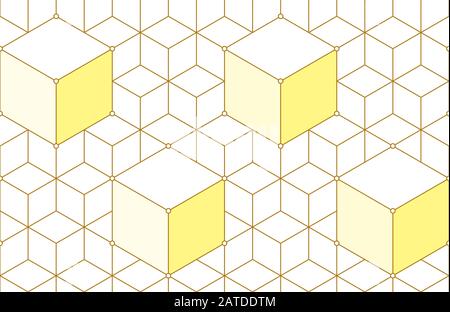 Golden lines, hexagons, rhombs and nodes seamless pattern. Geometric abstract repeating texture with intersecting hexagonal shapes. Gold colored backg Stock Vector