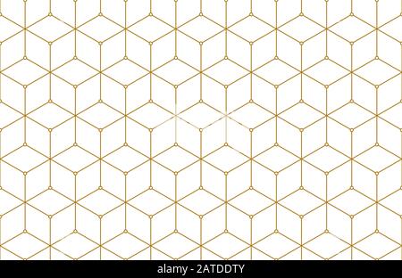 Golden lines, hexagons, rhombs and nodes seamless pattern. Geometric abstract repeating texture with intersecting hexagonal shapes. Gold colored backg Stock Vector