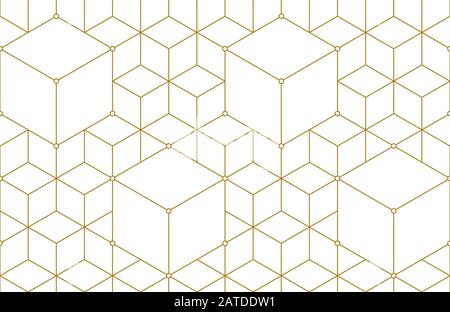 Golden lines, hexagons, rhombs and nodes seamless pattern. Geometric abstract repeating texture with intersecting hexagonal shapes. Gold colored backg Stock Vector