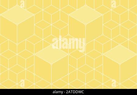 Cubes, hexagons, rhombs and nodes seamless pattern in golden colors. Geometric abstract repeating texture with intersecting hexagonal shapes. Gold col Stock Vector