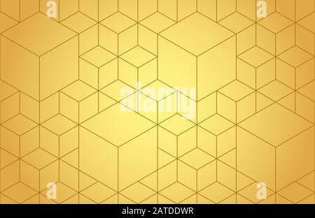 Cubes, hexagons and rhombs seamless pattern in golden tones. Geometric abstract repeating texture with intersecting hexagonal shapes. Gold colored bac Stock Vector