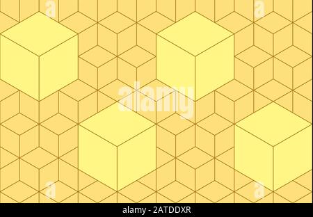 Cubes, hexagons and rhombs seamless pattern in golden colors. Geometric abstract repeating texture with intersecting hexagonal shapes. Gold colored ba Stock Vector