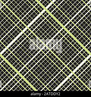 Intersecting diagonal lined seamless pattern. Repeating mesh texture with perpendicular crossing lines and stripes on dark background. Grid checkered Stock Vector