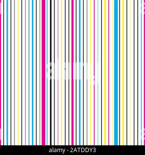 Colorful vertical striped seamless pattern. Repeating texture with cyan, magenta, yellow and black parallel lines on white background. Multicolor line Stock Vector