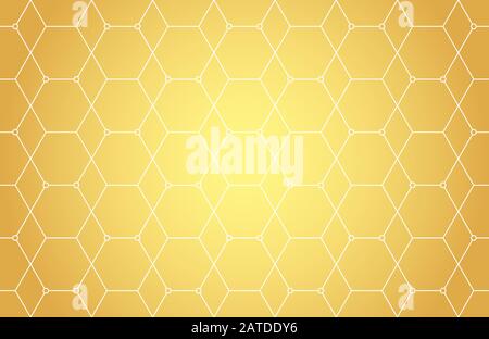 Lines, hexagons, rhombs and nodes seamless pattern in golden tones. Geometric abstract repeating texture with intersecting hexagonal shapes. Gold colo Stock Vector